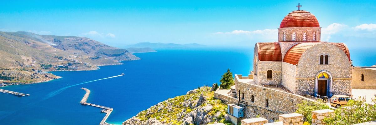 Panaromic view of Corfu, with church at top of hill